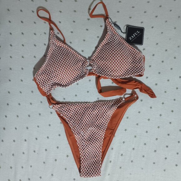 NWT Zaful crochet o ring fish net orange bikini S Small - Picture 1 of 9